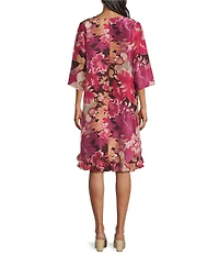 Bryn Walker Zaida Rosa Print Silk Round Neck 3/4 Sleeve High-Low Dress