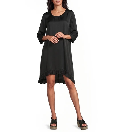 Bryn Walker Zaida Satin Woven Round Neck 3/4 Sleeve High-Low Hem Tunic Dress