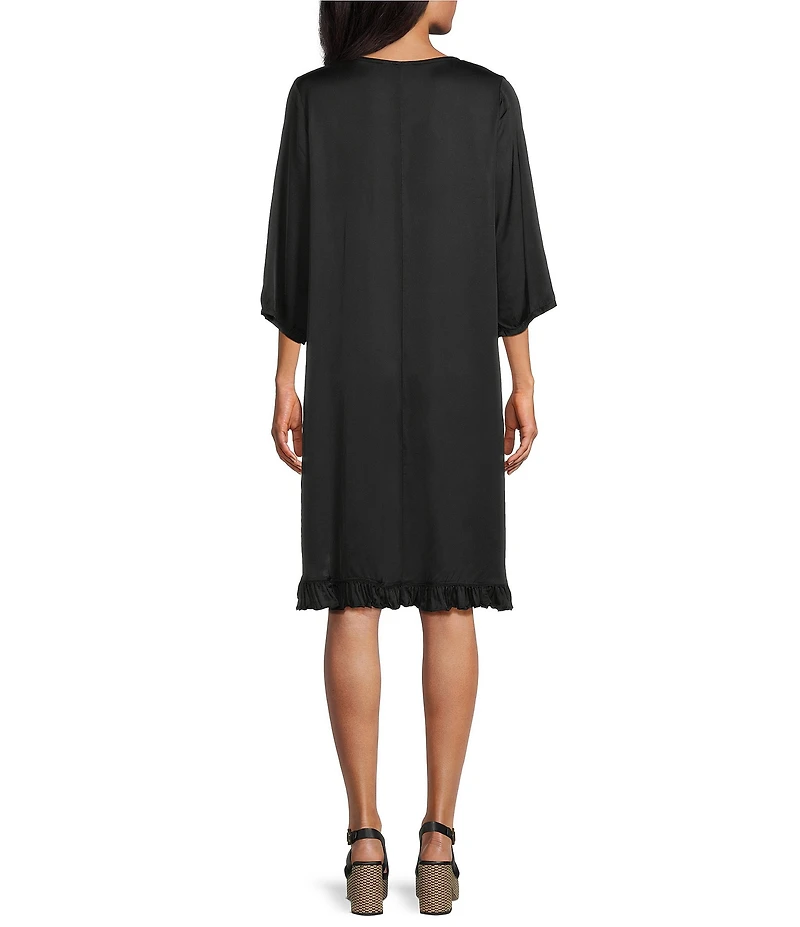 Bryn Walker Zaida Satin Woven Round Neck 3/4 Sleeve High-Low Hem Tunic Dress