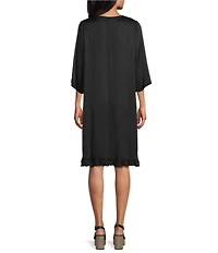 Bryn Walker Zaida Satin Woven Round Neck 3/4 Sleeve High-Low Hem Tunic Dress