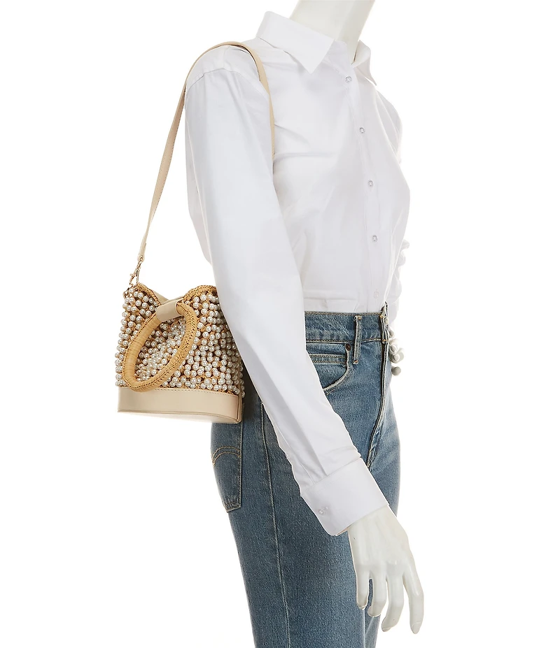 Btb Los Angeles Brandie Raffia Pearl Handle Bucket Bag