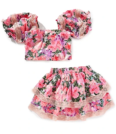 BuddyLove Big Girls Simone Floral Print Smocked Back Puff Sleeve Top & Ruffle Skort Set