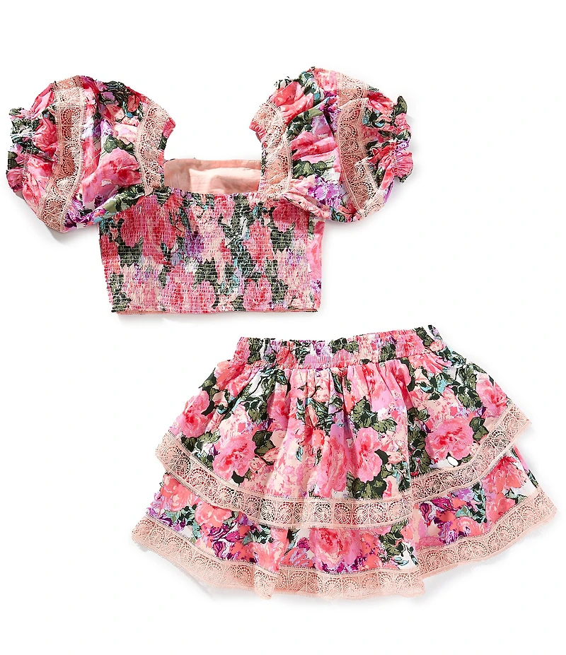 BuddyLove Big Girls Simone Floral Print Smocked Back Puff Sleeve Top & Ruffle Skort Set