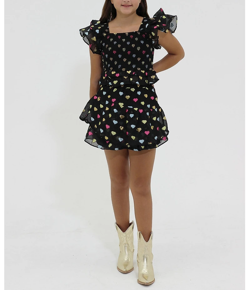 BuddyLove Big Girls Tyler Butterfly Sleeve Heart Print Smocked Top & Skirt Set