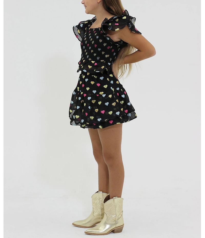 BuddyLove Big Girls Tyler Butterfly Sleeve Heart Print Smocked Top & Skirt Set