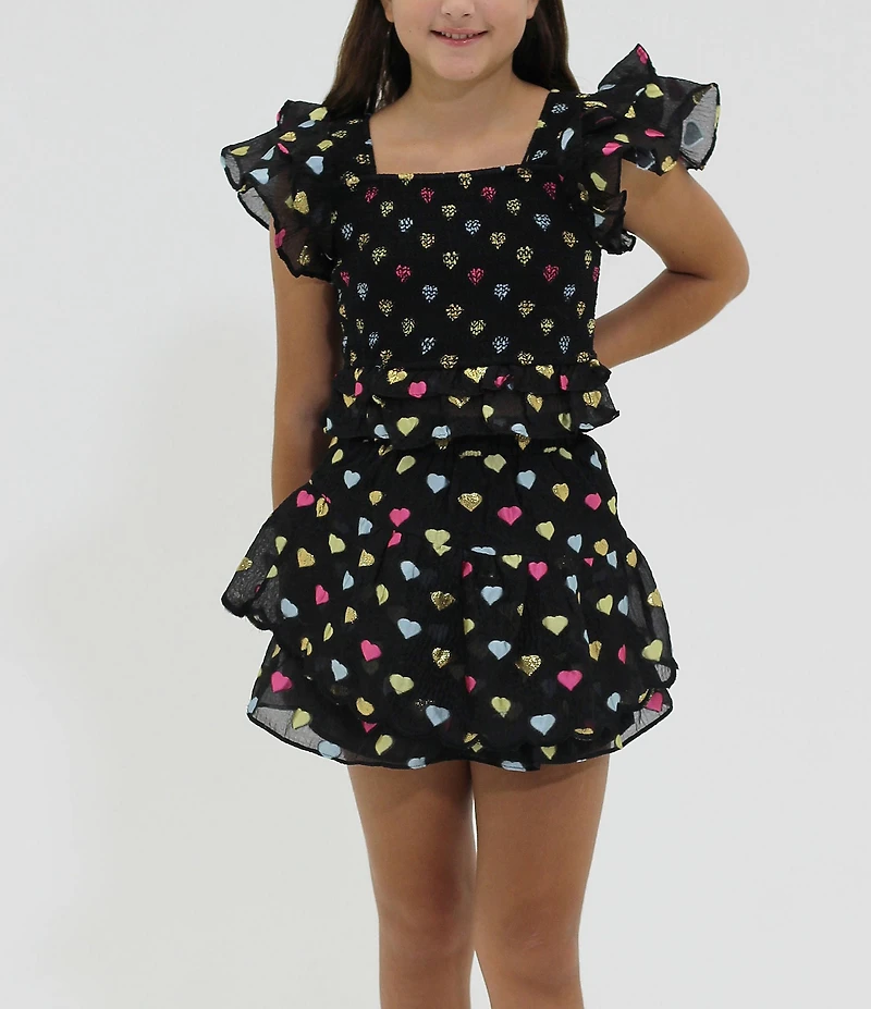 BuddyLove Big Girls Tyler Butterfly Sleeve Heart Print Smocked Top & Skirt Set