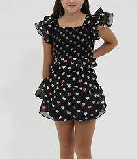 BuddyLove Big Girls Tyler Butterfly Sleeve Heart Print Smocked Top & Skirt Set