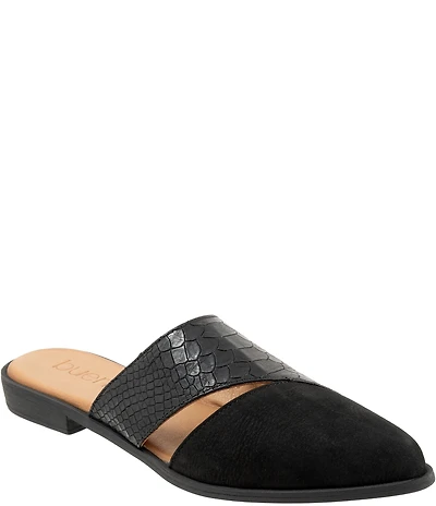 Bueno Blaze Suede Croco Embossed Leather Flat Point Toe Mules