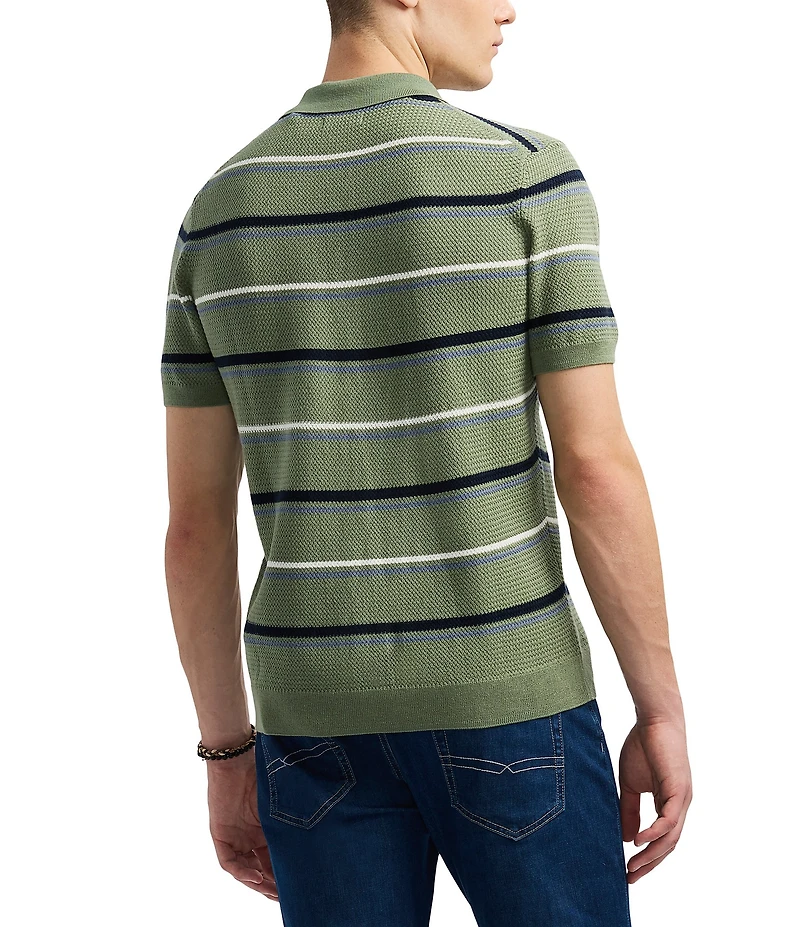 Buffalo David Bitton Winder Short Sleeve Striped Sweater Knit Polo Shirt