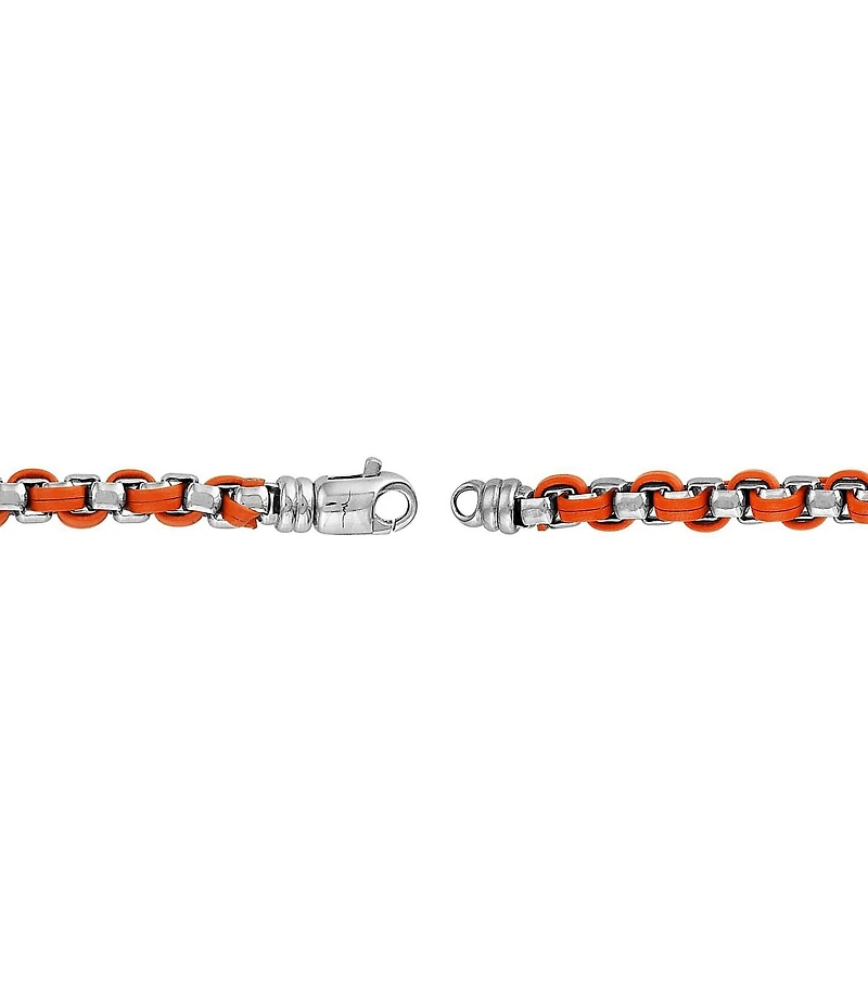 Bulova Men's Orange Leather & Sterling Silver Box Chain Line Bracelet