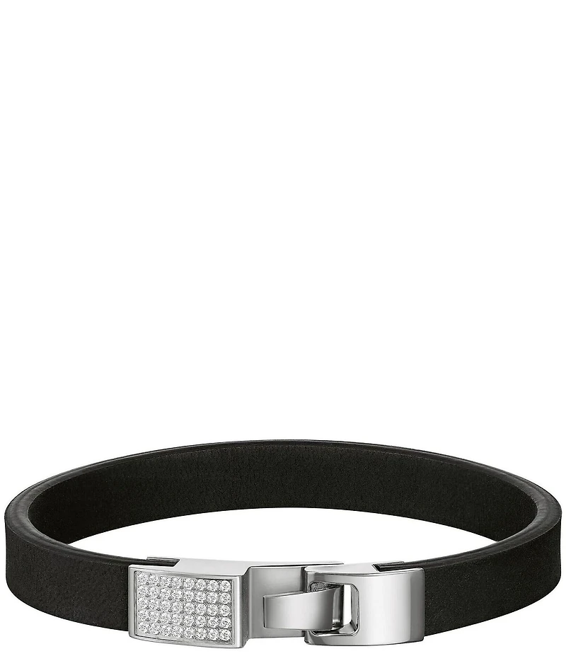 Bulova Men's Stainless Steel & Black Leather Line Bracelet