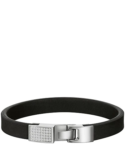 Bulova Men's Stainless Steel & Black Leather Line Bracelet