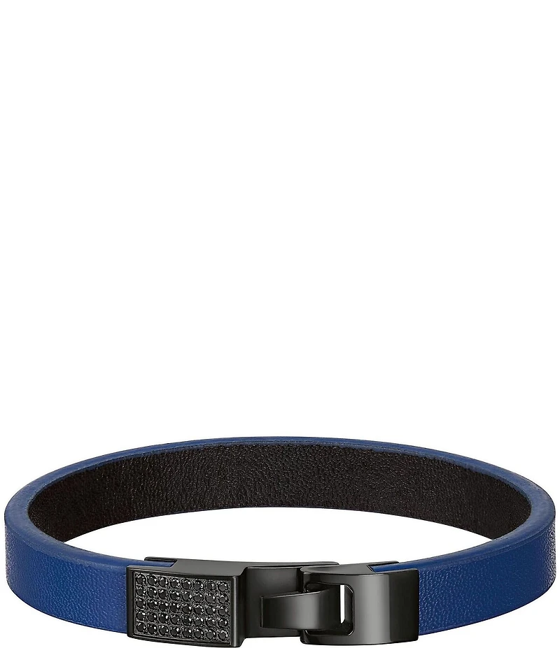 Bulova Men's Stainless Steel & Navy Blue Leather Line Bracelet