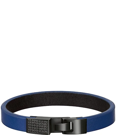 Bulova Men's Stainless Steel & Navy Blue Leather Line Bracelet