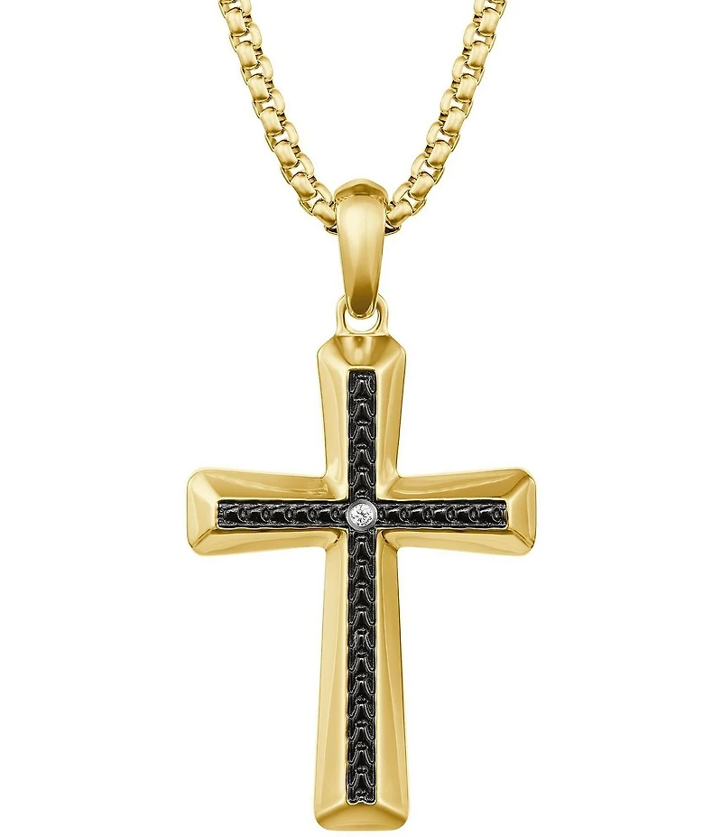 Bulova Men's Yellow and IP Black Stainless Steel Cross Long Pendant Necklace