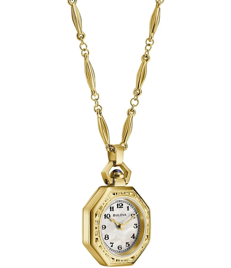 Bulova Women's Rubiyat Two Hand Gold Tone Stainless Steel Pendant Watch Necklace