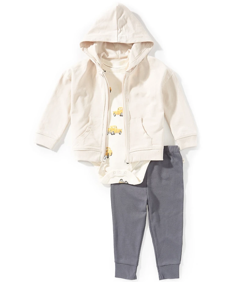 Burt's Bees Baby Boys Long Sleeve Hoodie Jacket, Jogger Pants & Short Sleeve Truck Print Bodysuit Set