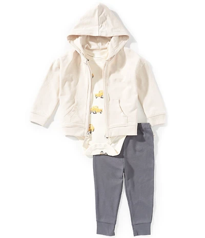 Burt's Bees Baby Boys Long Sleeve Hoodie Jacket, Jogger Pants & Short Sleeve Truck Print Bodysuit Set