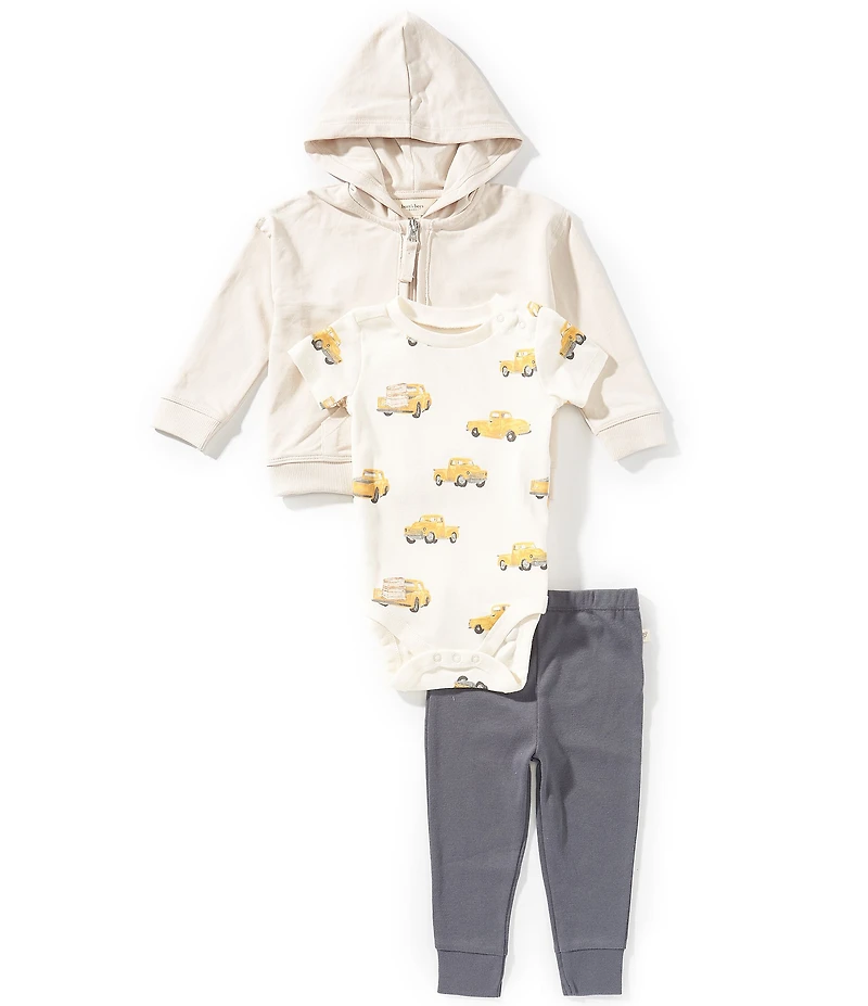 Burt's Bees Baby Boys Long Sleeve Hoodie Jacket, Jogger Pants & Short Sleeve Truck Print Bodysuit Set