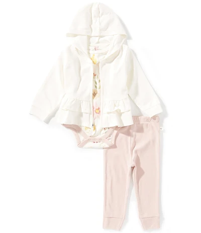 Burt's Bees Baby Girls Long Sleeve Hoodie Jacket, Jogger Pants & Flutter Sleeve Wildflower Print Bodysuit Set