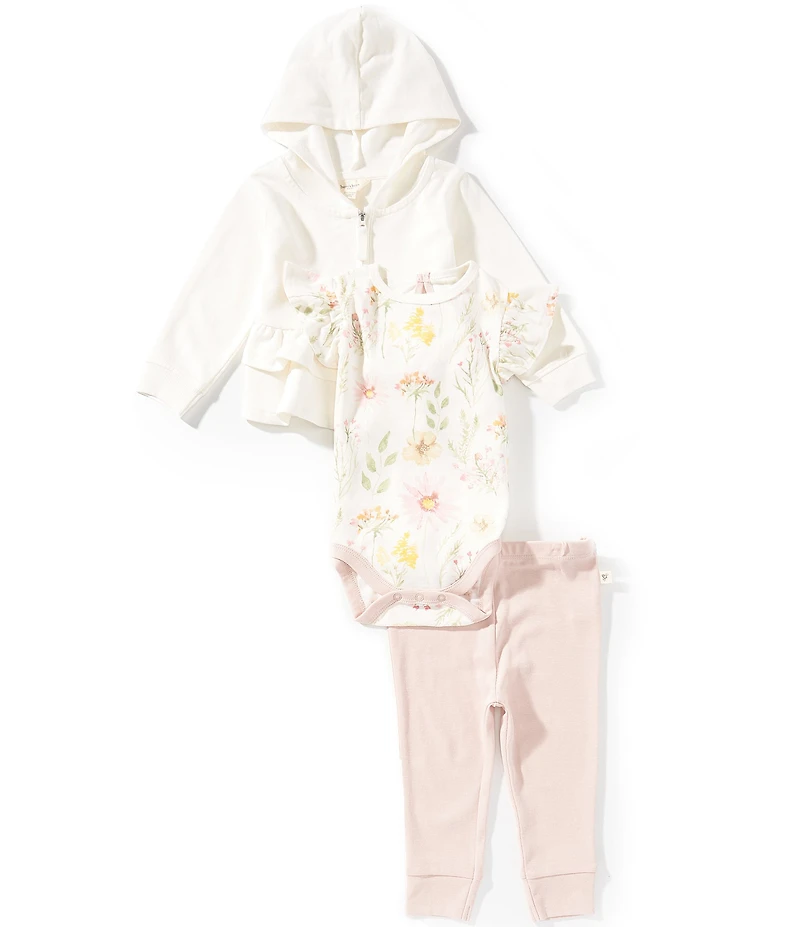 Burt's Bees Baby Girls Long Sleeve Hoodie Jacket, Jogger Pants & Flutter Sleeve Wildflower Print Bodysuit Set