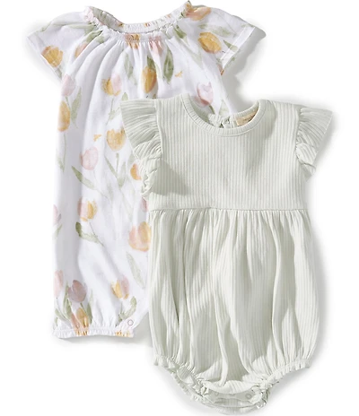 Burt's Bees Baby Girls Organic Cotton Short Sleeve Tulip Printed Romper & Tonal-Stripe Bodysuit Set