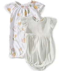Burt's Bees Baby Girls Organic Cotton Short Sleeve Tulip Printed Romper & Tonal-Stripe Bodysuit Set
