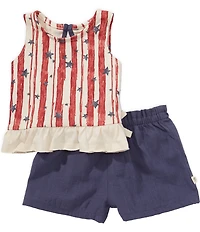 Burt's Bees Baby Girls Organic Cotton Sleeveless Americana Stars-And-Stripes Peplum-Hem Jersey Tank Top & Solid Slub Shorts Set