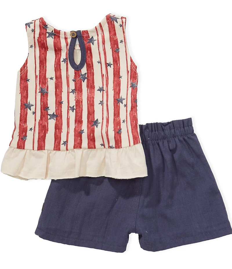 Burt's Bees Baby Girls Organic Cotton Sleeveless Americana Stars-And-Stripes Peplum-Hem Jersey Tank Top & Solid Slub Shorts Set