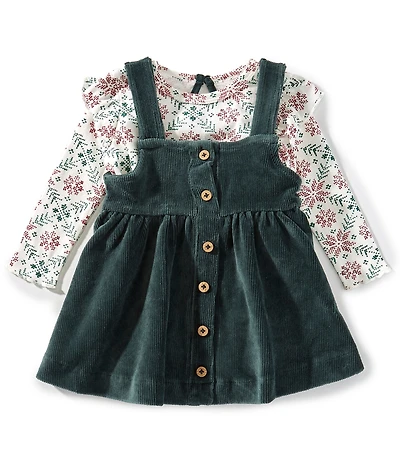 Burt's Bees Baby Girls Sleeveless Solid Jumper Dress & Long-Sleeve Hand-Painted Poinsettia/Fair Isle Printed Top