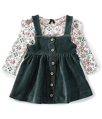 Burt's Bees Baby Girls Sleeveless Solid Jumper Dress & Long-Sleeve Hand-Painted Poinsettia/Fair Isle Printed Top