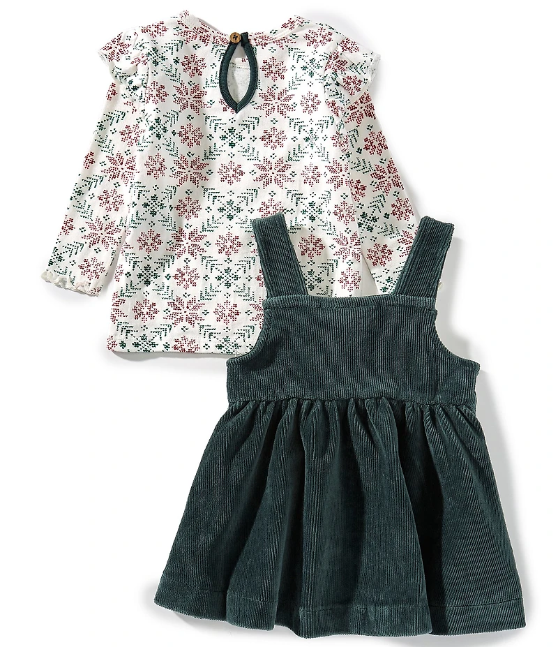 Burt's Bees Baby Girls Sleeveless Solid Jumper Dress & Long-Sleeve Hand-Painted Poinsettia/Fair Isle Printed Top