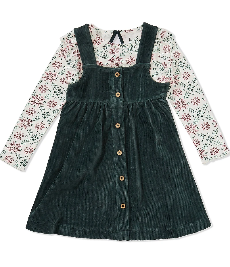 Burt's Bees Little Girls Organic Cotton Jumper Dress & Long-Sleeve Hand-Painted Poinsettia/Fair Isle Printed Top Set