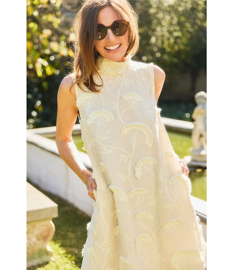 Buru Brocade Applique Mock Neck Sleeveless Mini Shift Dress