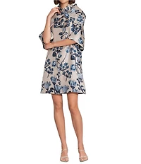 Buru Brocade Floral Print Oversized Point Collar 3/4 Sleeve Side Pocket Car Coat