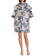 Buru Brocade Floral Print Oversized Point Collar 3/4 Sleeve Side Pocket Car Coat