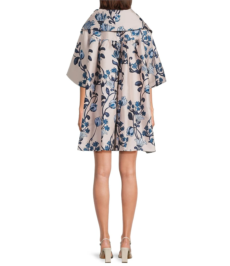 Buru Brocade Floral Print Oversized Point Collar 3/4 Sleeve Side Pocket Car Coat