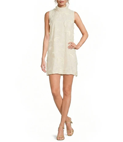 Buru Brocade Mock Neck Sleeveless Mini Shift Dress