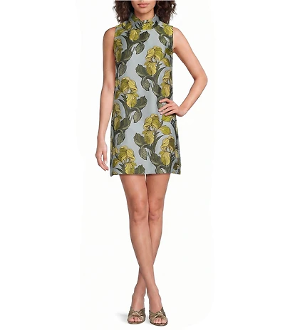 Buru Brocade Mock Neck Sleeveless Mini Shift Dress