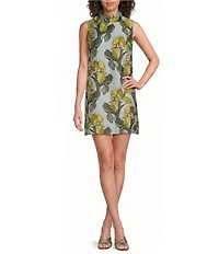 Buru Brocade Mock Neck Sleeveless Mini Shift Dress