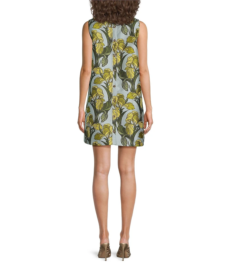 Buru Brocade Mock Neck Sleeveless Mini Shift Dress