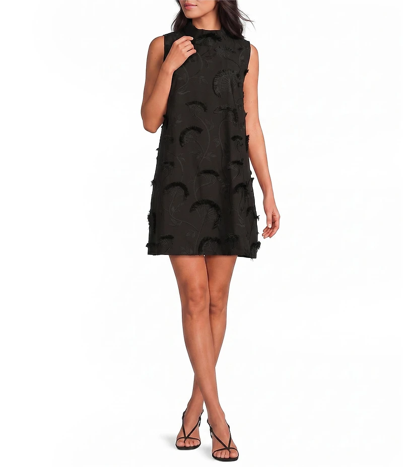Buru Brocade Mock Neck Sleeveless Mini Shift Dress
