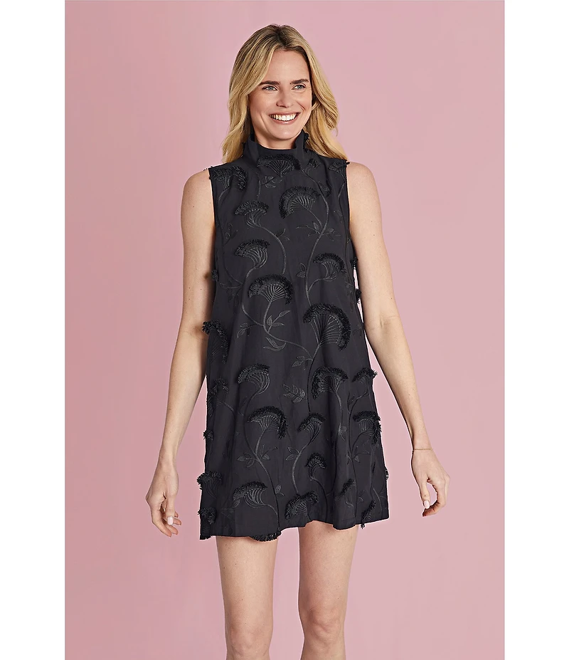 Buru Brocade Mock Neck Sleeveless Mini Shift Dress