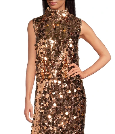Buru Cropped Sleeveless Disco Sequin Mock Neck Button Back Cropped Coordinating Boxy Top