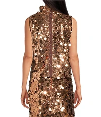 Buru Cropped Sleeveless Disco Sequin Mock Neck Button Back Cropped Coordinating Boxy Top