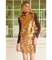 Buru Cropped Sleeveless Disco Sequin Mock Neck Button Back Cropped Coordinating Boxy Top