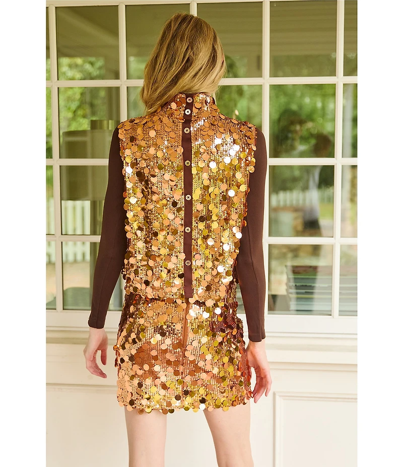 Buru Cropped Sleeveless Disco Sequin Mock Neck Button Back Cropped Coordinating Boxy Top