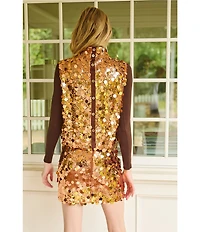 Buru Cropped Sleeveless Disco Sequin Mock Neck Button Back Cropped Coordinating Boxy Top