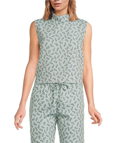 Buru Cropped Sleeveless Paisley Print Mock Neck Button Back Cropped Coordinating Boxy Top
