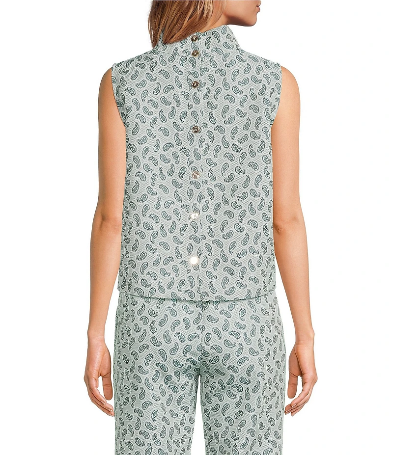 Buru Cropped Sleeveless Paisley Print Mock Neck Button Back Cropped Coordinating Boxy Top